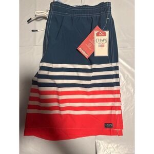 NWT Chaps Mens Swim Trunks Shorts Navy White Red Stripe Performance UPF 50 L